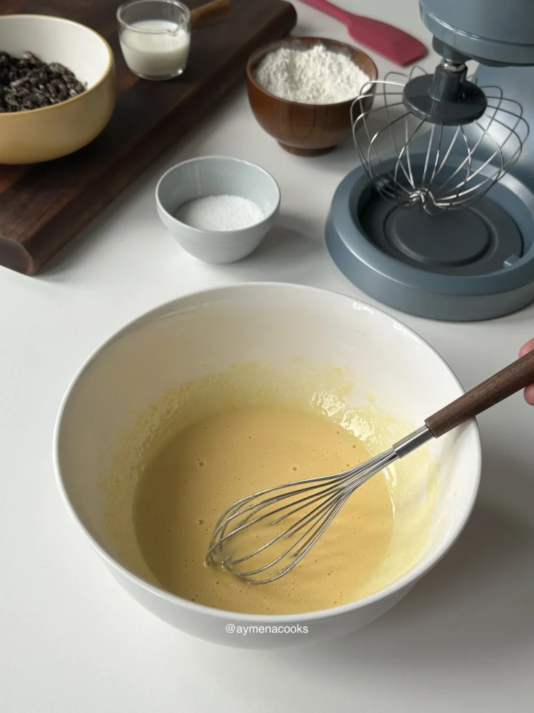 Egg yolks, sugar, vanilla and milk being whisked together in a large white bowl until pale yellow.