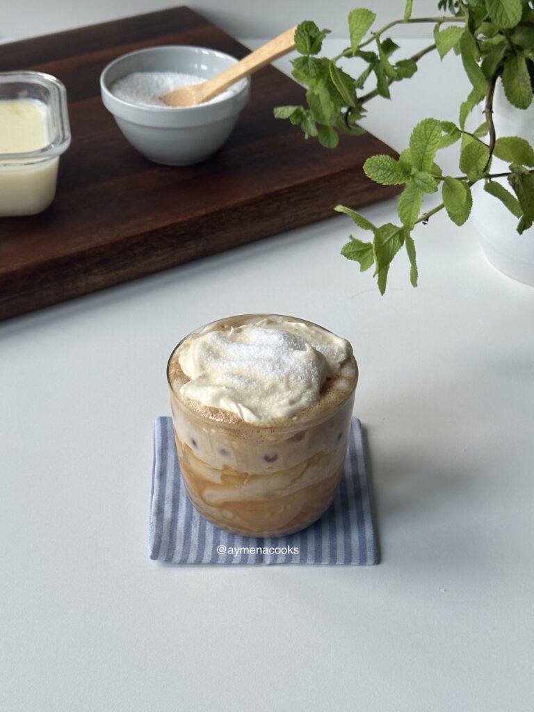 sugar sprinkled over custard cream for creme brulee latte
