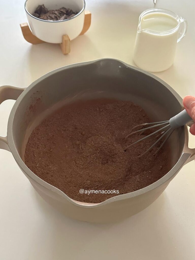 Cocoa powder, cornstarch, sugar and salt in a saucepan for fudge frosting.