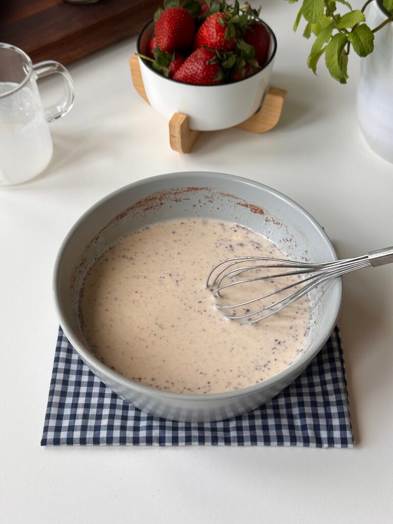 French toast custard made with eggs, milk, cream, condensed milk, vanilla and cinnamon.