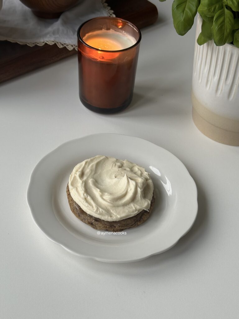 Mascarpone frosting spread over a cooled espresso cookie.