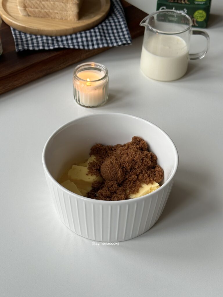 Salted butter, dark brown sugar and cinnamon in a small mixing bowl.