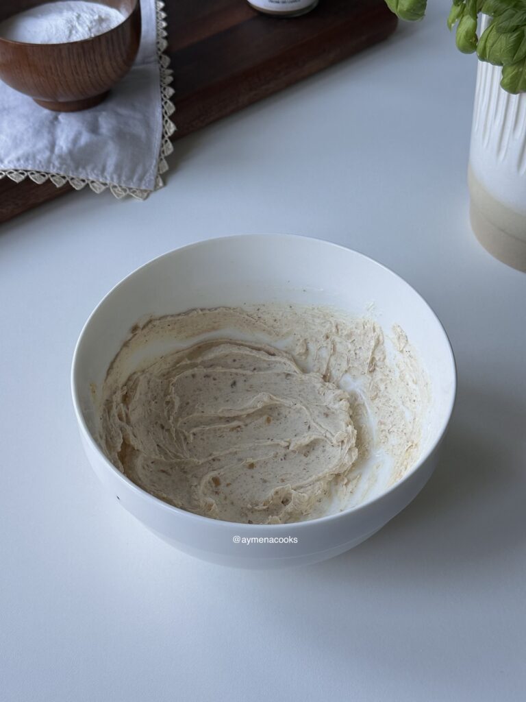 Browned butter and cream cheese creamed together until smooth for cream cheese frosting.