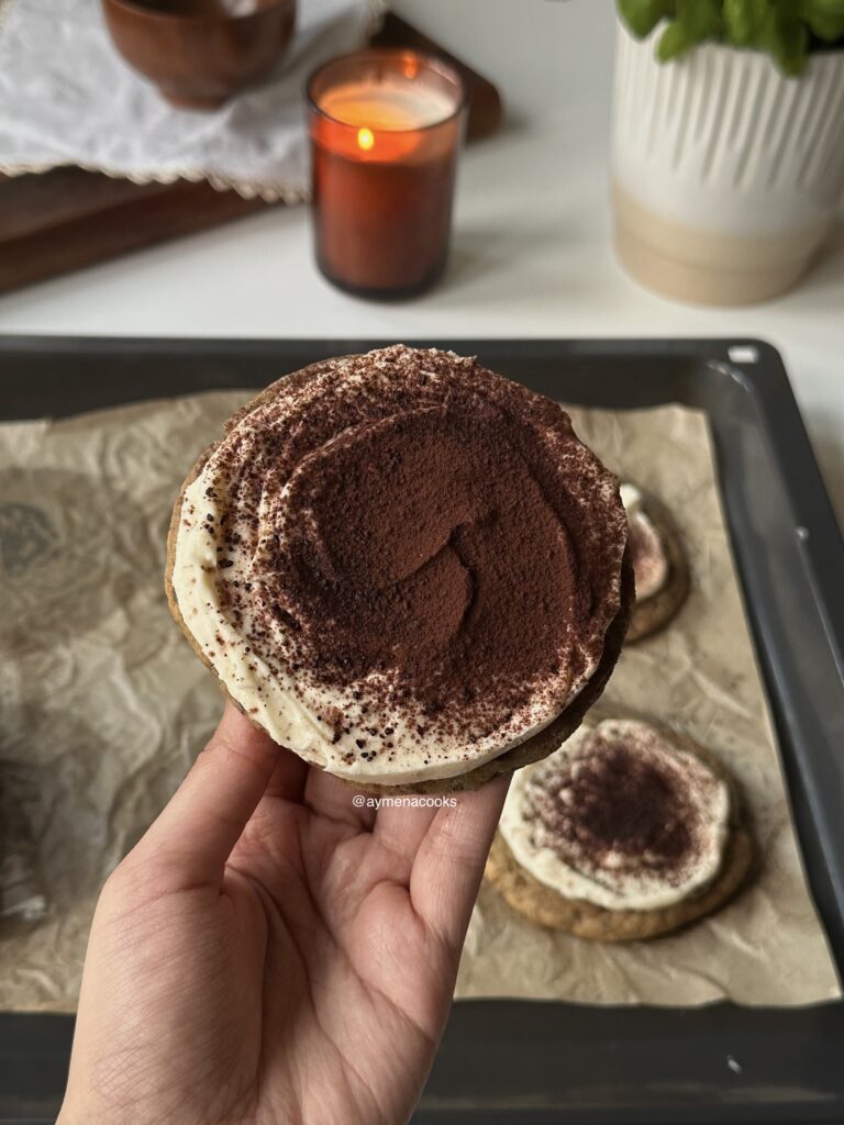 Brown butter espresso cookie topped with mascarpone cream and cocoa.